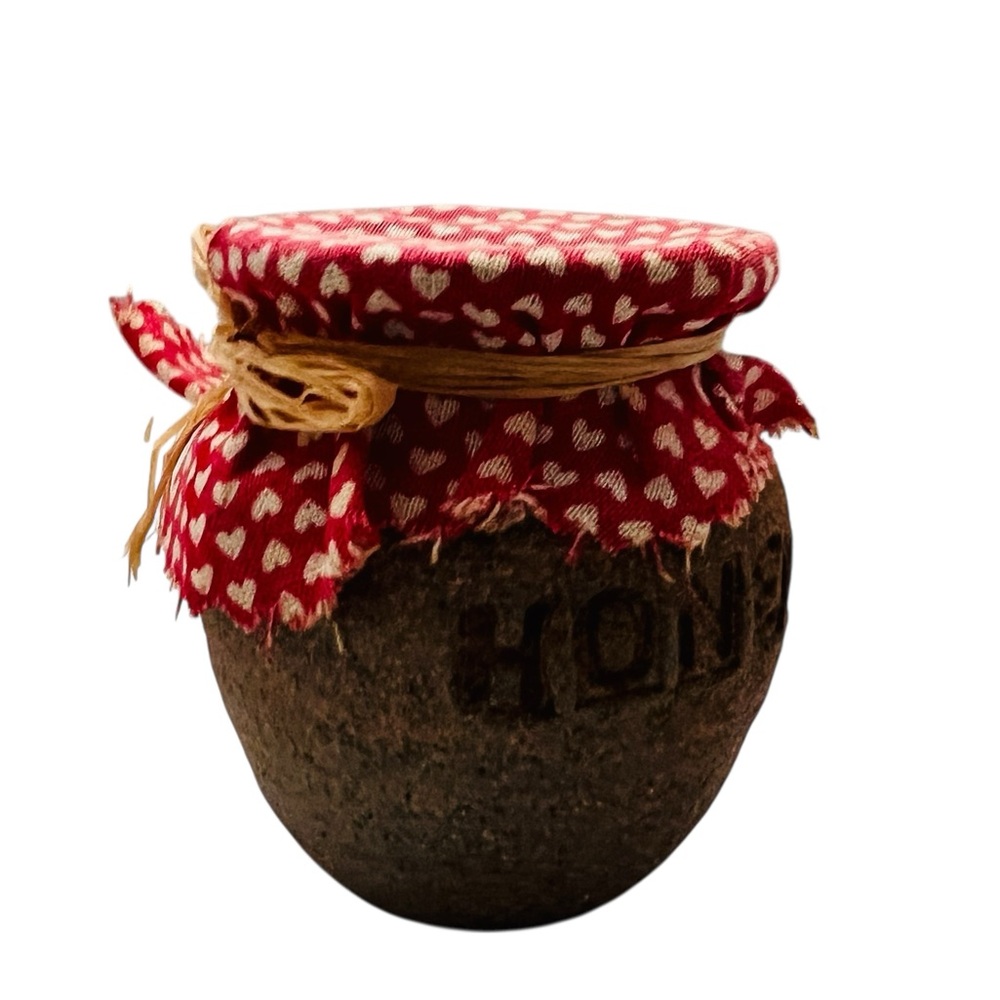 Vintage Clay Pottery Honey Jar with Red Heart Cover